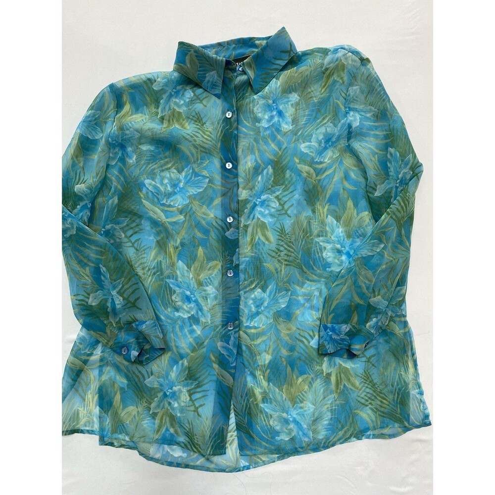 Notations Woman 2X Blouse Sheer Blue Tropical Floral Button Up Boho Coastal Y2K